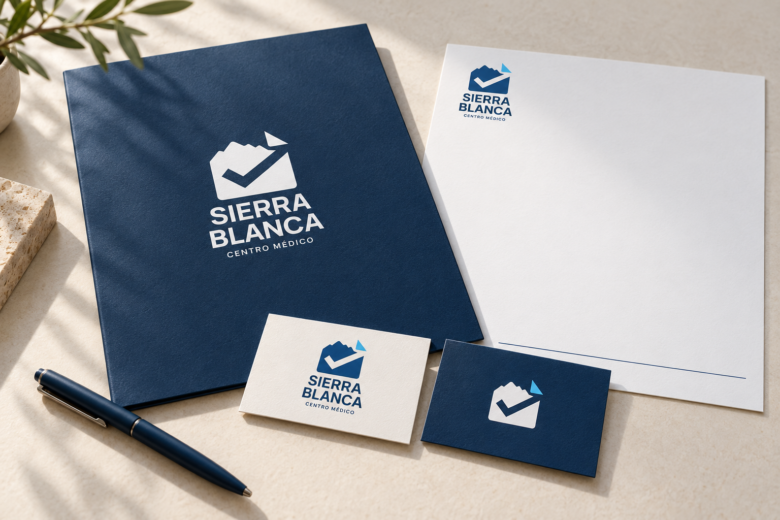 Visualización de la identidad Sierra Blanca aplicada a una carpeta azul, papel de carta y tarjetas