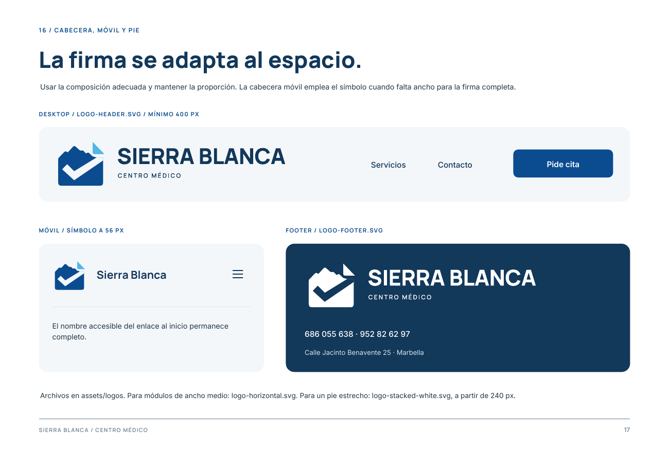 Página 17 del manual de marca: cabecera, móvil y pie