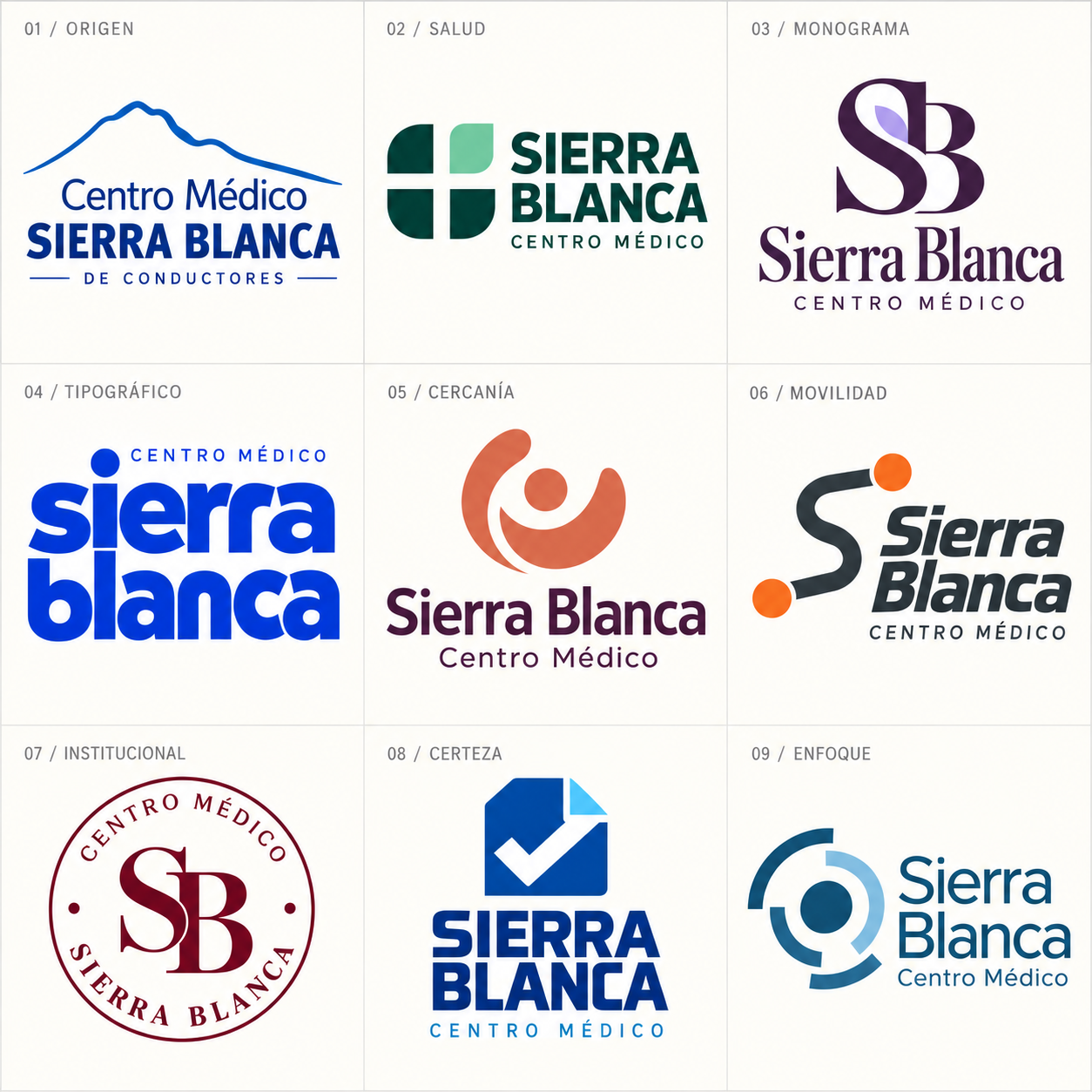 Plancha original: Origen, Salud, Monograma, Tipográfico, Cercanía, Movilidad, Institucional, Certeza y Enfoque