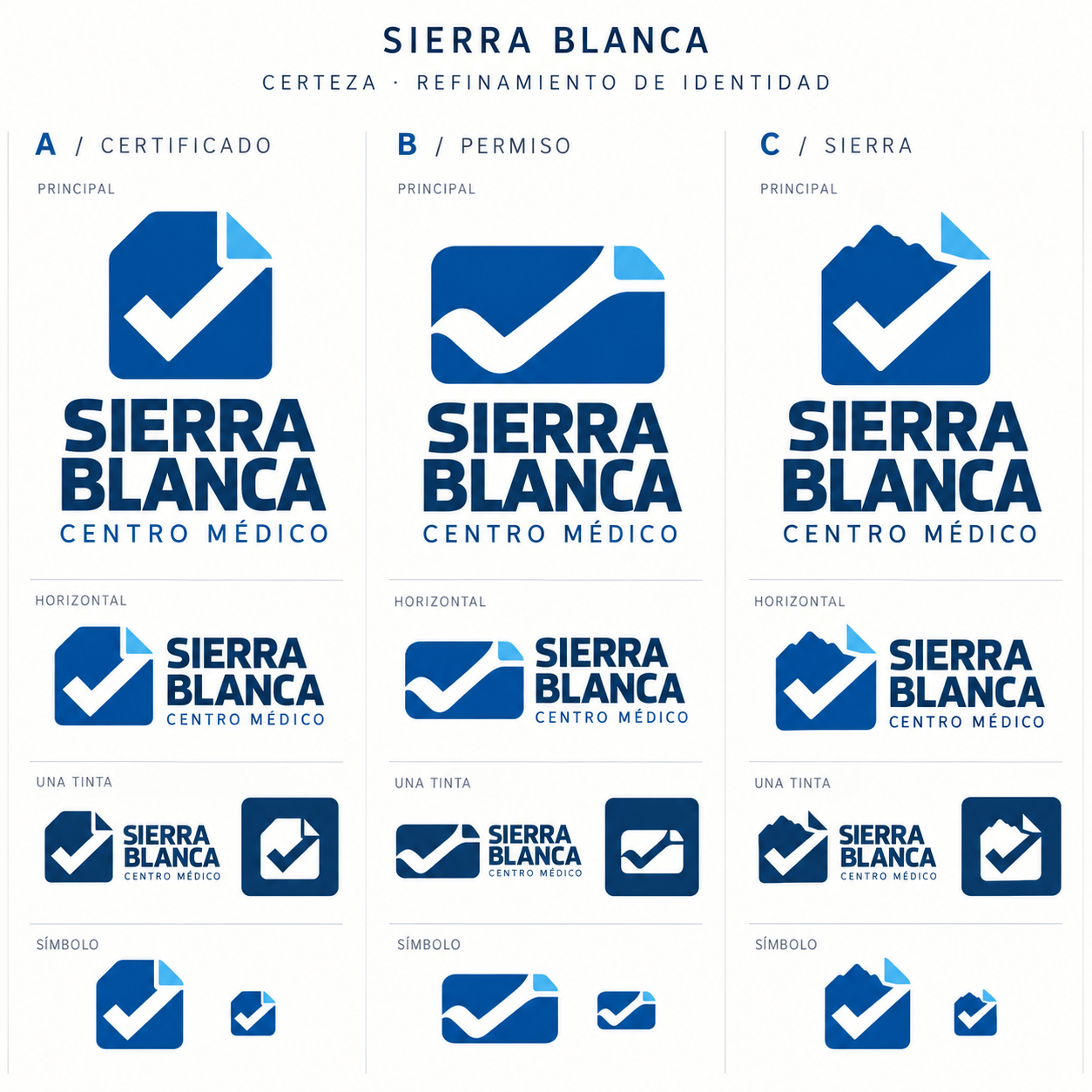 Refinamiento original de Certeza: A Certificado, B Permiso y C Sierra, con firmas principal, horizontal, monocroma y símbolo